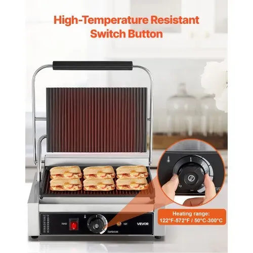 VEVOR kommerzieller Panini-Grill Kontaktgrill 2200 W für Sandwiches Steak Bacon Hamburger, Sandwichmaker Pressgrill aus Edelstahl mit Griff & Temperaturregelung & 34 x23 cm Heizplatte, Paninipresse – Bild 4