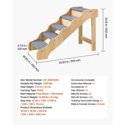 VEVOR Hundetreppe 910x430x630 mm, 5-stufige Hautiertreppe, Holztreppe geeignet für kleine, mittlere, große, ältere Haustiere sowie Welpen bis 68 kg, Hundeleiter für Betten, Sofas & Autos – Bild 6