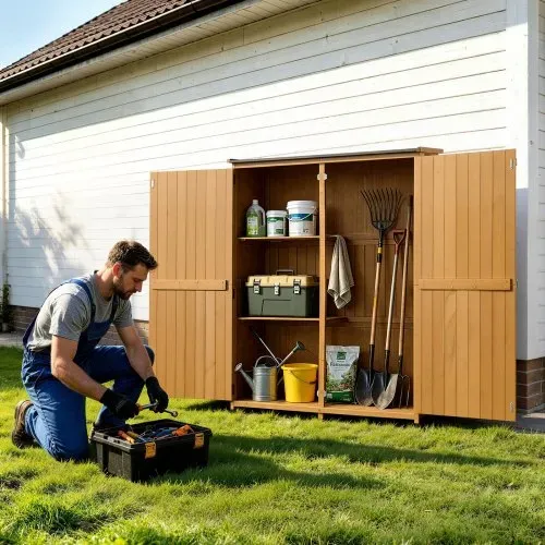 VEVOR Gartenschrank Holz, Geräteschrank mit Abschließbaren Türen & Schrägdach, Gerätehaus inkl. Regalböden & Boden, Geräteschuppen, Werkzeugschrank für Terrasse, Garten, Rasen, 121x43x162,5 cm – Bild 7