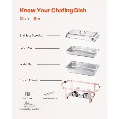 VEVOR Chafing Dish Set 2 Stk. Speisenwärmer Edelstahl mit 2 Pfannen (7,5 L) in voller Größe, rechteckiger Catering-Wärmespender mit Deckel & Wasserpfannenständer & Brennstoffhalter, Roségold – Bild 4