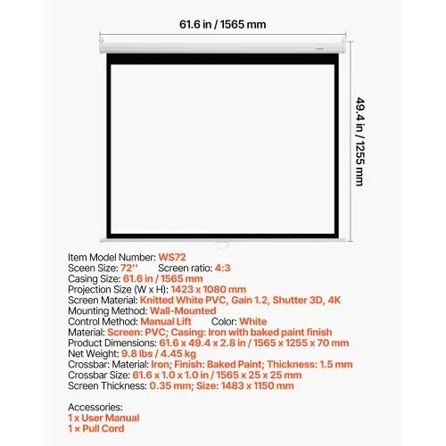 VEVOR manuelle Projektionsleinwand Beamer Leinwand, 72 Zoll 4:3 4K 1080 HD, einziehbare Projektionsleinwand, wandmontierte Filmprojektion mit Zugseil, tragbare Rolloleinwand Heimkino – Bild 6