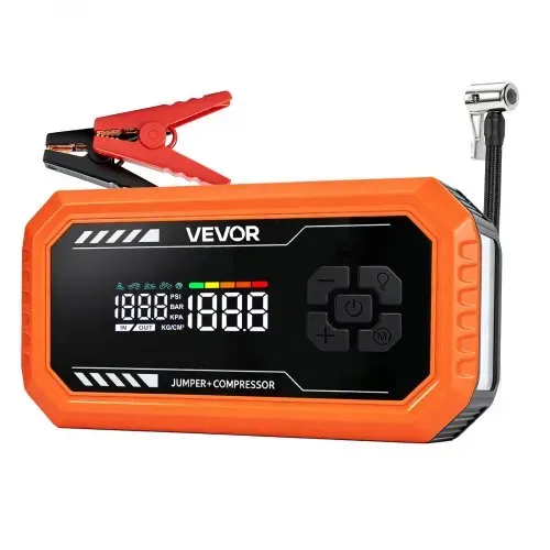 VEVOR Starthilfe Powerbank 3000 A Tragbares Starthilfegerät Starter Booster für 9 L Benzin und 6,5 L Dieselmotoren, 150 psi Reifendruck, LED-Taschenlampe, Automatische Abschaltung und 12 V Ladegerät – Bild 9