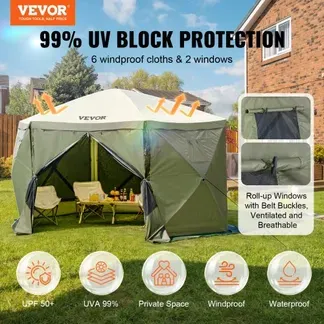 VEVOR Pop-Up-Pavillonzelt, Pop-Up-Zelt mit 6-seitigem Baldachin, Sonnenschutz mit 6 abnehmbaren Sichtschutz-Windtüchern und Netzfenstern, 12 x 12 Fuß, Schnellaufbau-Zelt mit Moskitonetz, Armeegrün VEVOR Pop-Up-Pavillonzelt, Pop-Up-Zelt mit 6-seitigem Baldachin, Sonnenschutz mit 6 abnehmbaren Sichtschutz-Windtüchern und Netzfenstern, 12 x 12 Fuß, Schnellaufbau-Zelt mit Moskitonetz, Armeegrün