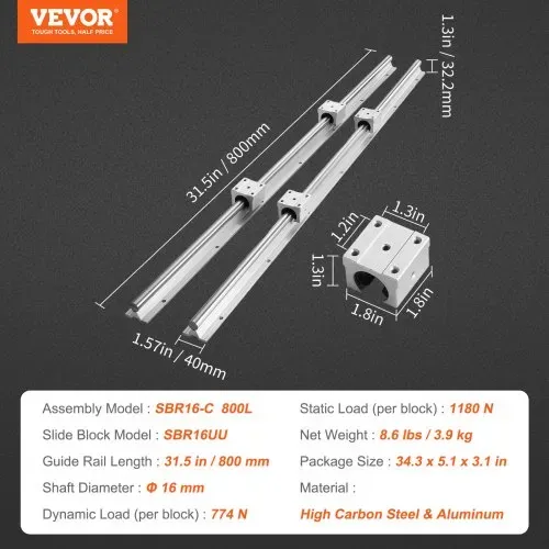 VEVOR Linearführung Linearschiene 2 Stk. SBR16-800 mm Kohlenstoffstahl Aluminium Führungsschiene mit 4 Stk.SBR16UU-Gleitblöcke Linearlager Lagerblock CNC Teile für 3D Drucker Fräs-/Drehmaschine – Bild 6