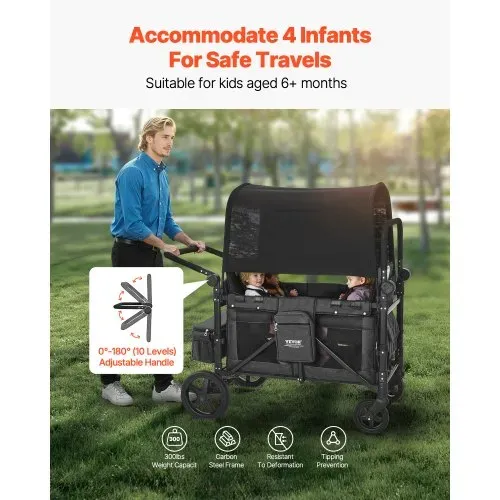 VEVOR Kinderwagen für 4 Kinder, Push-Pull-Reisebuggy mit verstellbarem Griff, Sicherheitsgurt und abnehmbarem Verdeck, 4-Sitzer-Bollerwagen für Camping, Dunkelgrau und Schwarz (150 kg Tragkraft) – Bild 2