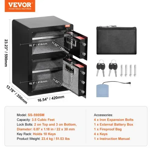 VEVOR Safe Tresor mit feuerfester Geldtasche, Doppeltüren-Safe 3,5 Kubikfuß, 2 höhenverstellbare Trennwände, digitaler Möbeltresor mit Schlüssel, Code, Safe für Geld Schmuck Wertsachen, Schwarz – Bild 6