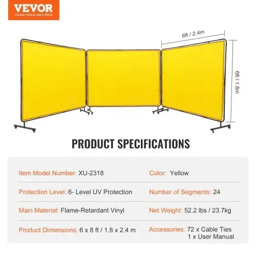VEVOR 3-Panel-Schweißvorhang 1,8 x 2,4 m Schweißschutzvorhang aus Flammhemmendem Vinyl Schweißschutzwand mit 12 Schwenkrädern und einem 6-stufigen UV-Schutz Schweißerdecke Schweißschutz Gelb – Bild 6