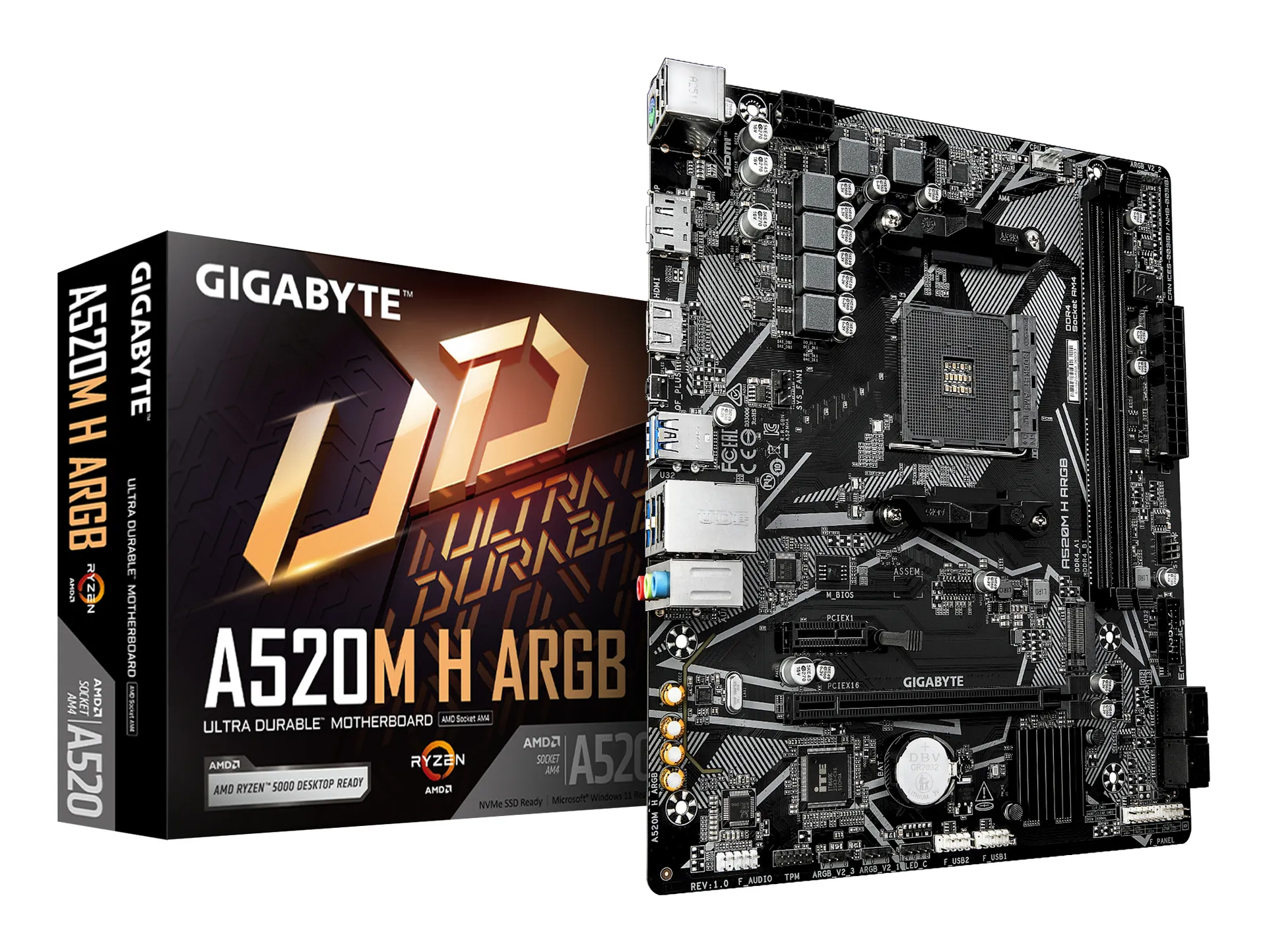 GIGABYTE A520M H ARGB Mainboard – Unterstützt AMD Ryzen 5000 Prozessoren, bis zu 5100 MHz DDR4 (OC), PCIe 3.0 x4 M.2, 1-GbE-LAN, USB 3.2 Gen 1 GIGABYTE A520M H ARGB Mainboard – Unterstützt AMD Ryzen 5000 Prozessoren, bis zu 5100 MHz DDR4 (OC), PCIe 3.0 x4 M.2, 1-GbE-LAN, USB 3.2 Gen 1