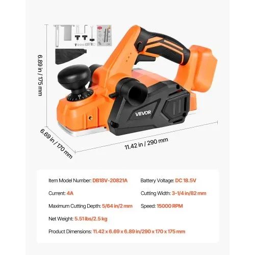 VEVOR Akku-Hobel, 82 mm Schnittbreite, 15000 U/min Elektrohobel für Holz mit bürstenlosem Motor, einstellbare Schnitttiefe für die Holzbearbeitung, kompatibel mit VEVOR 18-V-Akku (nur Werkzeug) – Bild 6