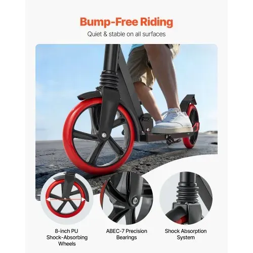 VEVOR Scooter (2 Räder) für Kinder ab 8 Jahren, Cityroller Straßenroller mit höhenverstellbarem Lenker & rutschfestem Deck & leichtem Rahmen, faltbarer Tretroller bis zu 100 kg, Schwarz + Rot – Bild 2