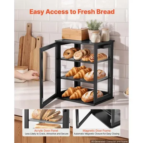 VEVOR Brotkasten mit 3 Ebenen 330 x 251 x 410 mm Brotbox Bambusholz Schwarz Ideal für Bagels & Muffins, mit Magnetverschluss, Seitenhaken, Rutschfestem Boden & 3-Stufig Höhenverstellbarem Einlegeboden – Bild 2