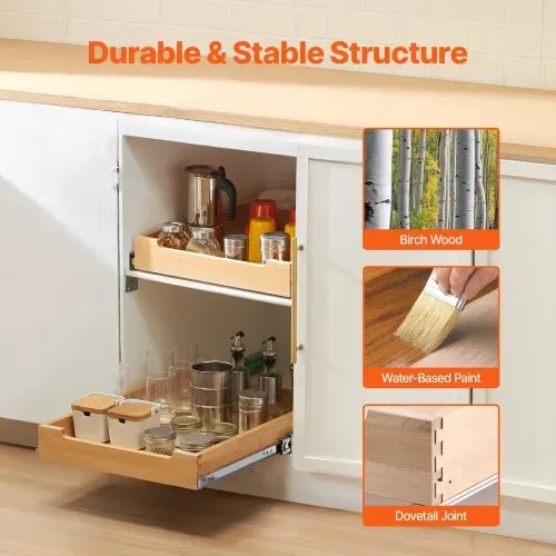 VEVOR Ausziehbarer Schrank-Organizer Schrankschublade Regal (432 x 533 x 76 mm) mit sanftem Schließmechanismus, Holz-Schiebeschublade Unter- und Seitenmontage, für Küche Speisekammer Badezimmer