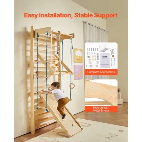 VEVOR schwedisches Leiterwand, 8 in 1 15-stufiges Indoor-Klettergerüst, 100 kg belastbares Wand-Stangen-Kletterspielset mit Wandleiter Rutschbrett Klimmzugstange Turnringen Schaukelsitz Strickleiter – Bild 5