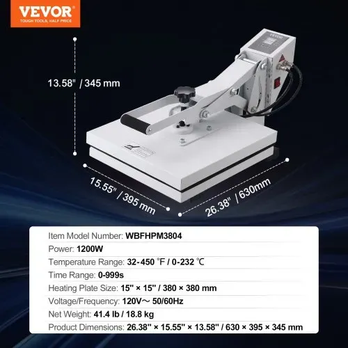 VEVOR Wärmepresse 38x38 cm Sublimationsdrucker Transfer DIY T-Shirt – Bild 6