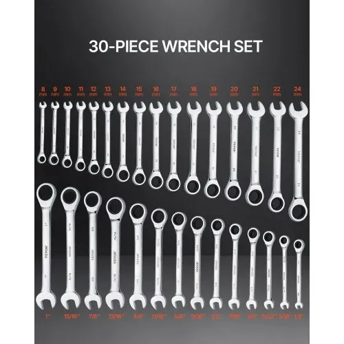 VEVOR Schlüsselsatz 30-teiliger Ratschenschlüsselsatz mit Organizer-Rack, Cr-V-Stahl-Schlüsselsatz SAE 1/4 bis 1 Zoll, metrisch 8 bis 24 mm, ideal für den allgemeinen Haushalt, Garage, Werkstatt VEVOR Schlüsselsatz 30-teiliger Ratschenschlüsselsatz mit Organizer-Rack, Cr-V-Stahl-Schlüsselsatz SAE 1/4 bis 1 Zoll, metrisch 8 bis 24 mm, ideal für den allgemeinen Haushalt, Garage, Werkstatt