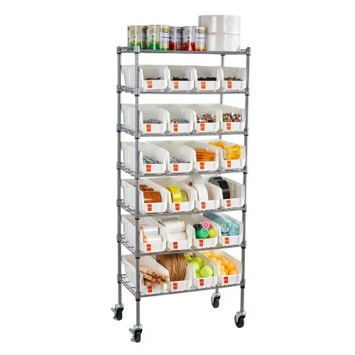 VEVOR Standregal, Lagerregal mit 7 Ebenen & 24 kleinen Stapelboxen, Bücherregal, Küchenregal mit Rollen, Werkzeugorganizer für Garage, Büro, Restaurant, Klassenzimmer, Küche, 600x350x1480mm – Bild 10