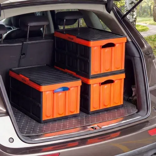 VEVOR Klappbox 45 L 3er-Pack, Faltbare Aufbewahrungsboxen aus Kunststoff, Stapelbare Klappkörbe mit Deckel, Tragkraft 20 kg pro Box, Klappkiste, Ideal für Haushaltsorganisation, Orange & Schwarz – Bild 7