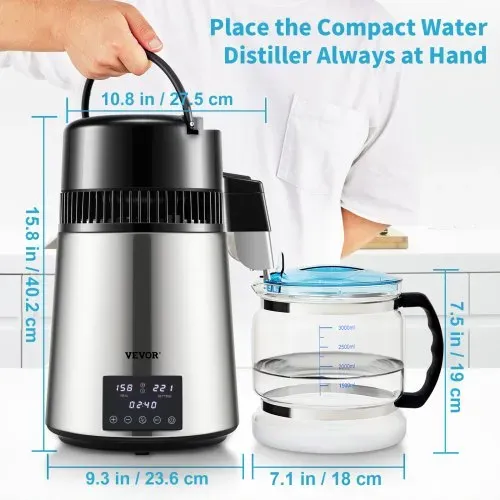 VEVOR Wasser Destilliergerät mit Temperaturregelung, 4 L Destillierer Edelstahl 1750W Wasserdestilliergerät Reine Wasser Distiller mit Glaskanne, 1,5 L/Std. Destillationsapparatur Water Distiller – Bild 6
