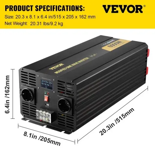 VEVOR Wechselrichter 6000 W, Modifizierter Sinus-Wechselrichter DC 12 V auf AC 230 V Auto-Konverter mit LCD-Display, LED-Anzeigen, EU-Steckdosen, Wechselrichter, für Auto, Wohnmobil, Lkw, Boot, Reisen – Bild 6