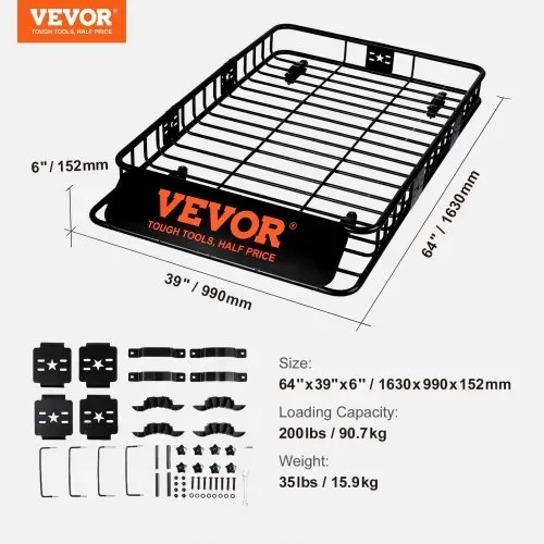 VEVOR Dachgepäckträger Korb Auto Dachkorb Universal 1630 x 990 x 152 mm, Dachgepäckträger Wanne 90 kg Tragfähigkeit Relingträger Fracht Gepäckablage Schwarz für Camping, Grillen, Autoreisen – Bild 6