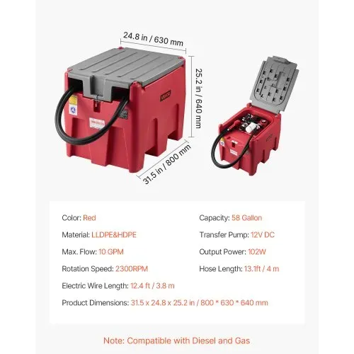 VEVOR Tragbarer Diesel-& Benzintank, 220 L, 45 L/min Durchflussrate, Dieselkraftstofftank mit 12 V Transferpumpe, 4 m Schlauch, automatische Betankungsdüse, Transfertank für Kraftstofftransport, Rot – Bild 6