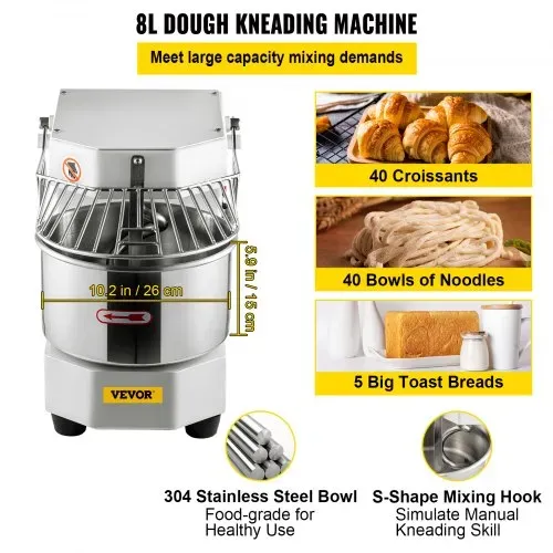 VEVOR Teigknetmaschine Küchenmaschine, 8 L Edelstahl Teigmixer, 450 W, einstellbar (130/233/414 U/min), inkl. Edelstahlschüssel, Sicherheitsschild, Timer, ideal für Bäckereien, Restaurants, Pizzeria – Bild 2