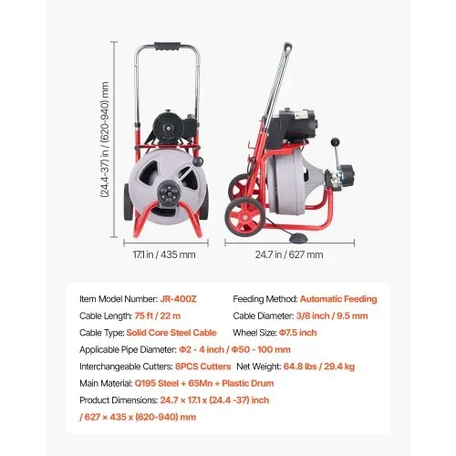 VEVOR Rohrreinigungsmaschine 22 m x 9,5 mm, Rohrreinigungsgerät mit Automatischem Vorschub, 8 Schneidwerkzeugen & Pneumatischem Fußschalter, Rohrreiniger für Rohrdurchmesser von 50 bis 100 mm – Bild 6