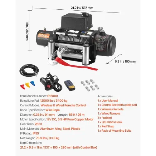 VEVOR Elektrische Seilwinde, 5400 kg, 12 V DC LKW-Winde mit Φ 9,1 mm x 26 m Stahlseil, kabellose & kabelgebundene Fernbedienung, geeignet zum Abschleppen von SUV, Jeep, Anhänger, Boot, Geländewagen – Bild 6