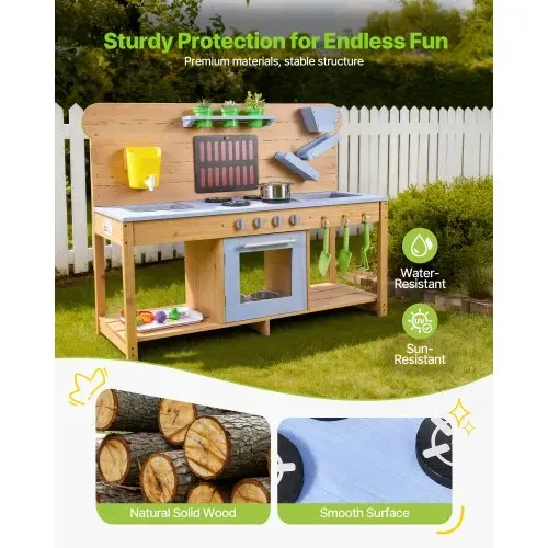 VEVOR Spielküche, Kinderküche mit Herd, Haken, Doppelspülbecken, Pflanzspaten, Pfannenwendern, Kochgeschirr & Zubehör, Spielzeugküche zum Spielen mit Wasser & Sand, Holzküche, 1220x425x930 mm – Bild 2
