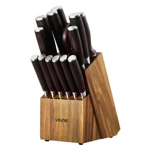 VEVOR Küchenmesserset mit Messerblock (Holz) & Wetzstahl, 15-tlg. Messerset, scharfe Messer aus hochkohlenstoffhaltigem Edelstahl, Küchenbesteck mit ergonomischem Griff, für Zuhause – Bild 9