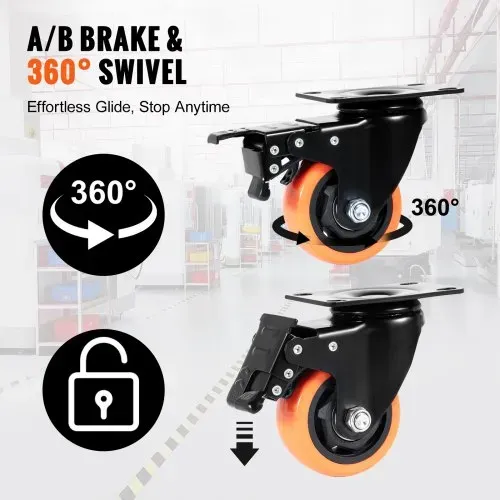 VEVOR Möbelrollen 4er-Set Lenkrollen PVC φ76,2mm Laufrollen 454kg Tragfähigkeit Transportrollen mit A/B-Bremsen Kastenrollen 360° Drehbar Schwerlastrollen für Häusern Büros Studios Fabriken – Bild 2