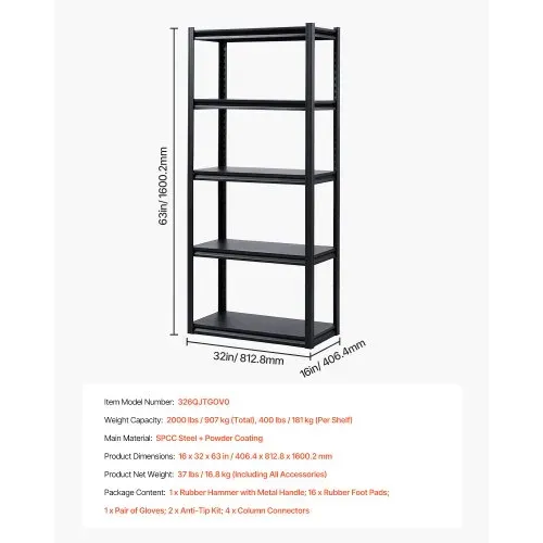 VEVOR Lagerregal, 907 kg, Steckregal, Kellerregal, robustes verstellbares Werkstattregal aus Metall, 5 Ebenen, 406,4 x 812,8 x 1600,2 mm, Schwerlastregal für Küche, Werkstatt, Keller, Lager, schwarz – Bild 6