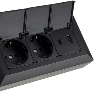 2-fach Steckdosenblock, USB-A+C, schwarz 250V~/ 16A, USB 3,1A, PD, mit Klappen 2-fach Steckdosenblock, USB-A+C, schwarz 250V~/ 16A, USB 3,1A, PD, mit Klappen
