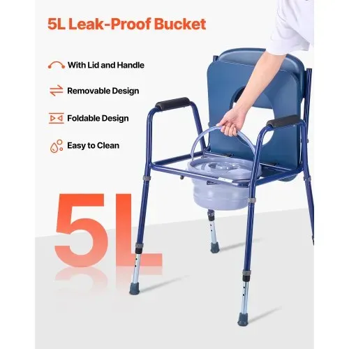 VEVOR Nachttoilettenstuhl 181 kg belastbar, Toilettensitzerhöhung mit gepolsterter Sitzfläche & Rückenlehne, abnehmbarer 5 L Eimer, höhenverstellbarer Toilettenstuhl (815-915 mm) für Erwachsene – Bild 5