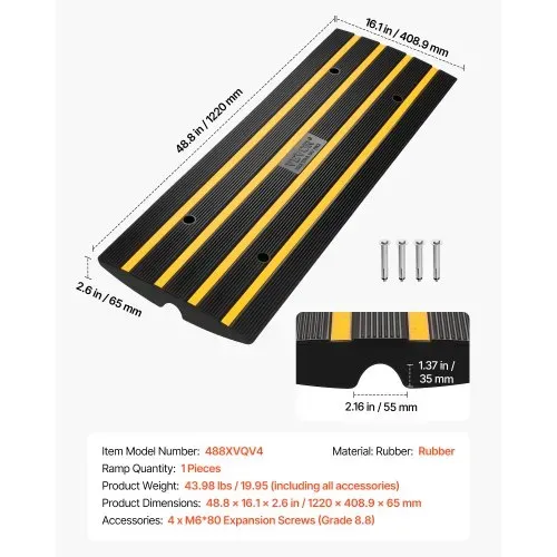 VEVOR Schwellenrampe Vollgummi Türschwellenrampe Max. Belastbarkeit 15Tonnen Bordsteinrampe mit 5,5x3,5cm Kanal Rollstuhlrampe 122x40,5x6,5cm Auffahrrampe Ideal für unebenen Boden Bordsteinkanten – Bild 6