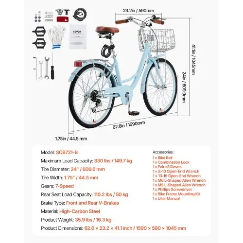 VEVOR Cruiser Fahrrad mit 7 Gängen (Reifendurchmesser 61 cm)Beach Fahrrad mit großem Korb & Gepäckträger, Cruiser-Fahrrad mit verstellbarem Sitz, für Radfahren & Trainieren & Einkaufen Blau – Bild 6