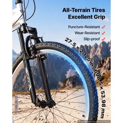 VEVOR Mountainbike für Damen Herren 27,5 Zoll Fahrrad 18-Gang Schwarz Weiß Ideal für Erwachsene, Kohlenstoffstahlrahmen, mit Vollfederung, 120 kg Tragkraft, Klingel, Reflektoren & Verstellbarem Sattel – Bild 4