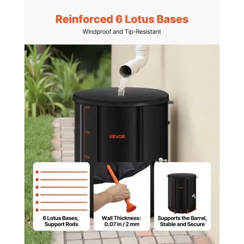 VEVOR Regentonne faltbar, 201 L tragbares Regenfass, Regenwassertank, 1000D PVC-Regenwassersammelsystem, Wassertank, Regenwassertonne mit Zapfhahn und Überlaufset, Schwarz – Bild 2