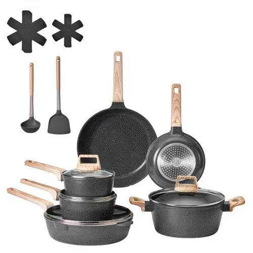 VEVOR Induktion Töpfe Pfannen Set (17-teilig) mit Glasdeckel, antihaftbeschichtetes Kochgeschirr, Induktionskochtöpfe für die Küche im Wohnmobil zum Braten, Würzen von Soßen und Kochen (Schwarz) – Bild 8