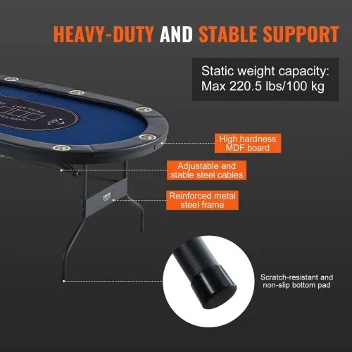 VEVOR Casino Pokertisch Klappbare Tischbeine 2140 x 1070 x 760 mm (L x B x H), Faltbarer Pokertisch, Schwarz & Blau Pokerauflage Klapptisch für 10 Spieler, Pokertisch mit Staubschutzhülle Tragbar – Bild 5