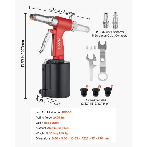 VEVOR Druckluft Nietmutternzange Set mit 4 Nasenstücken 2,4/3,2/4,0/4,8mm, Pneumatische Blindnietzange Set für Automobil Industrie Heimwerkerprojekt, 1100kg Zugkraft, Max. 16mm Hub, 360° Nietengriff – Bild 6