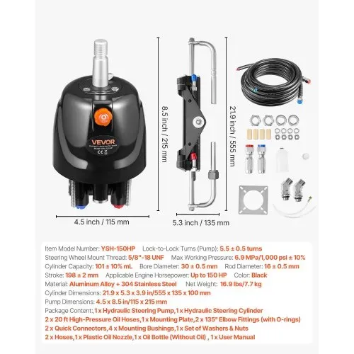 VEVOR Hydraulisches Außenborder-Lenkset, 110kW (150 PS), Marine-Bootshydrauliklenksystem, mit 6,9 MPa Steuerpumpe, Zweiwege-Sperrzylinder & 7,9 m langen Schläuchen, für Einzelsteuerstand, Einzelmotor – Bild 6