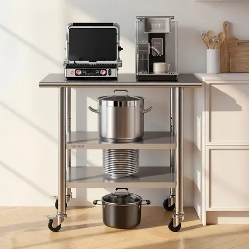 VEVOR Gasto Arbeitstisch 915 x 610 x 864 mm, Edelstahltisch mit 3 Ebenen & Rollen & Höhenverstellbaren Ablagen Belastbarkeit Top 227 kg & 2 Unterablagen je 191 kg Vorbereitungstisch für Restaurant – Bild 7