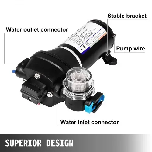 VEVOR Wasserpumpe Hochdruckmembran 12 V, Hochdruck Wasserpumpe 17 L / min, Selbstansaugende Membranpumpe 2m, 3-Kammer-Membran, Membranpumpe mit Wärmeschutz, für Kfz-Schifffahrt, Wohnmobile – Bild 2