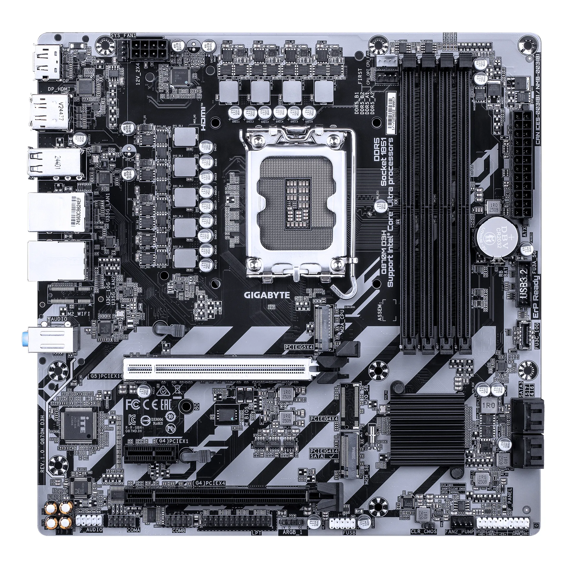 GIGABYTE Q870M D3H Mainboard – Intel Core Ultra (Serie 2) CPUs, 4+1+2-Phasen-VRM, bis zu 6400 MHz DDR5 (O.C), 2× PCIe-4.0-M.2, 2.5-GbE-LAN, USB 3.2 Gen 2 – Bild 2