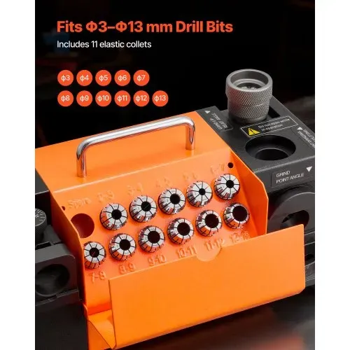 VEVOR Bohrerschleifgerät MR-13D, 3–13 mm, mit einstellbarem Freiwinkel der Schneidkante, vorderer Schneidkante & 95°–135° Spitzenwinkel, 4600 U/min, inkl. 11 Spannzangen & CBN-Schleifscheibe – Bild 2