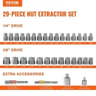 VEVOR Bolzenausdreher-Set, 29-teiliges Bolzen- und Muttern-Entferner-Set, 6mm bis 10mm, 10,3mm bis 19,05mm, Auszieh-Steckschlüsselsatz aus CR-MO-Stahl mit Aufbewahrungskoffer, Mutter zum Entfernen VEVOR Bolzenausdreher-Set, 29-teiliges Bolzen- und Muttern-Entferner-Set, 6mm bis 10mm, 10,3mm bis 19,05mm, Auszieh-Steckschlüsselsatz aus CR-MO-Stahl mit Aufbewahrungskoffer, Mutter zum Entfernen