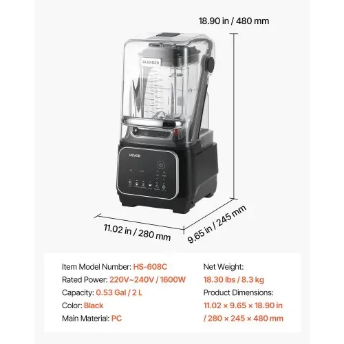VEVOR Standmixer 2 L Smoothie Mixer mit Schutzabdeckung 2200 W Crushed Ice Maker mit Selbstreinigungsfunktion Einstellbarer Drehzahl 6 Voreingestellte Programme Smoothies Eiscrushing Pürees Schwarz – Bild 6