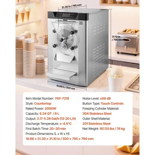 VEVOR Gewerbliche Eismaschine Eiscrememaschine 2000 W 12–20 L/h, Tischgerät für Gelato mit 6 L Edelstahlbehälter (304) & Selbstreinigendes LED-Bedienfeld für Snackbars Restaurants Silber – Bild 6