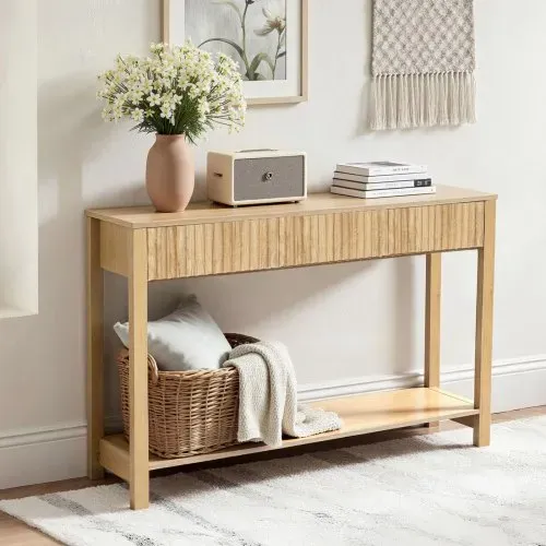 VEVOR Konsolentisch Beistelltisch mit Schubladen & Ablagefach, schmaler rechteckiger Eingangstisch aus MDF + Spanplatte für Flur Schlafzimmer Wohnzimmer Foyer, Flurtisch 120 x 30 x 80 cm Naturholz – Bild 7